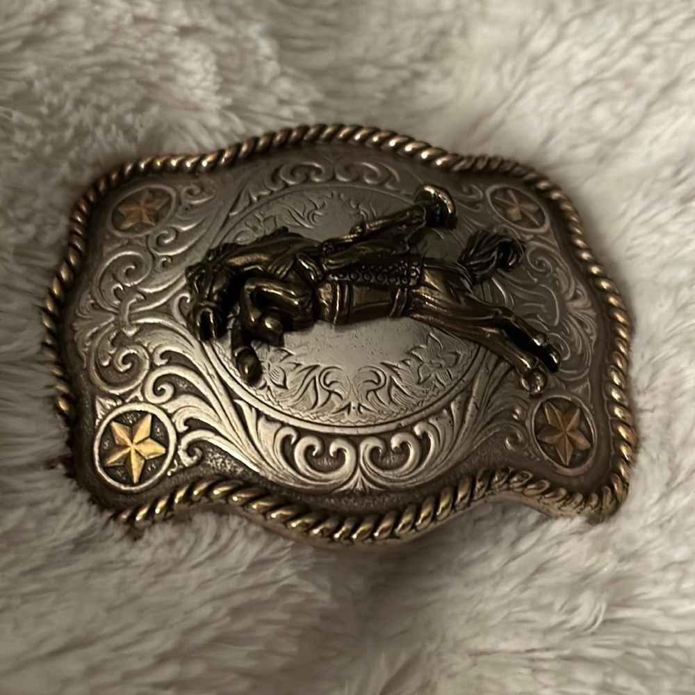 Bucking Bronco cowboy Bronze, gold and silver belt buckle